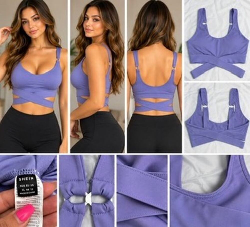 SHEIN Purple Lavender Tie Back Sports Bra XL US 12 Criss Cross Workout